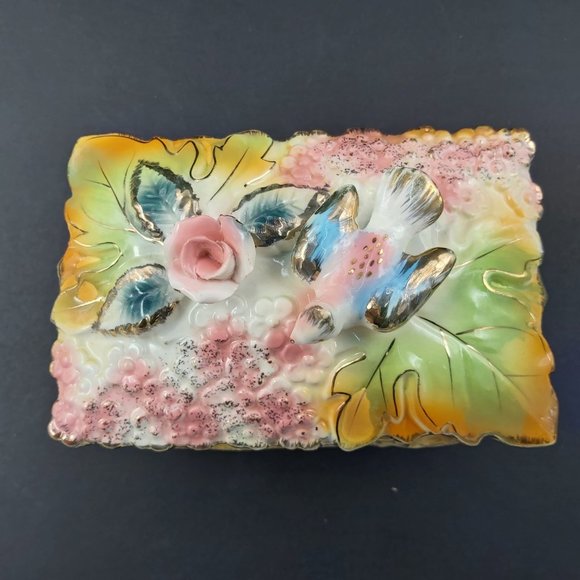 Porcelain Jewelry Trinket Box Gold Gilded with Matching Trays Bird Flower Leaves - Picture 11 of 16